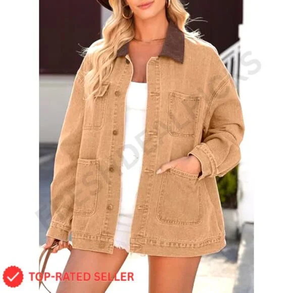 Oversized Denim Jacket Corduroy Collar Retro Vintage Barnfit Casual Chic